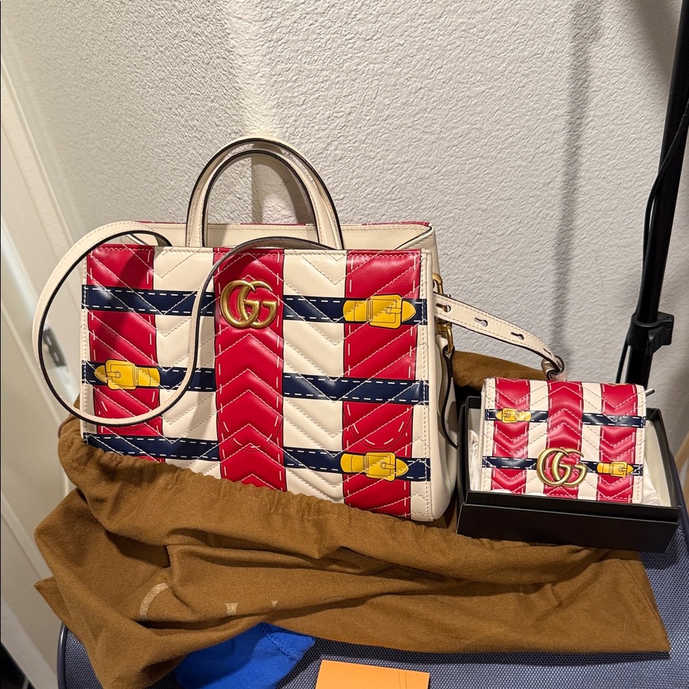 Gucci Bundle Red and Blue Quilted Women's Bag and Wallet